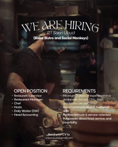 Lowongan Kerja Sebagai Restaurant Supervisor, Restaurant Manager, Chef, Host, Head Accounting, Daily Worker untuk PT Sarin Ubud (Baba Bistro and Social Monkeys) Penempatan di Ubud, Gianyar