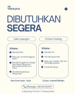 Lowongan Kerja Sebagai Sales Lapangan, Checker Gudang untuk UD Timur Jaya Penempatan di Denpasar