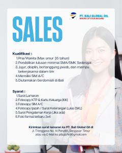 Lowongan Kerja Sebagai Sales untuk PT. Bali Global Oil Penempatan di Denpasar