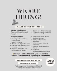 Lowongan Kerja Sebagai Salon Helper untuk Salon Penempatan di Kerobokan, Badung
