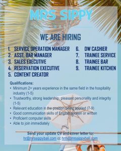 Lowongan Kerja Sebagai Service Operation Manager, Asst Bar Manager, Sales Executive, Content Creator, Dll untuk Mrs Sippy Bali Penempatan di Seminyak, Badung