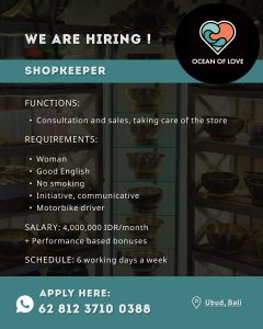 Lowongan Kerja Sebagai Shopkeeper untuk Ocean of Love Penempatan di Ubud, Gianyar 