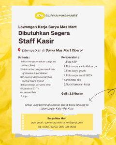 Lowongan Kerja Sebagai Staff Kasir untuk Surya Mas Mart Penempatan di Legian, Badung