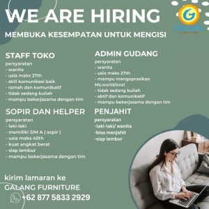 Lowongan Kerja Sebagai Staff Toko, Sopir dan Helper, Admin Gudang, Penjahit untuk Galang Furniture Penempatan di Denpasar