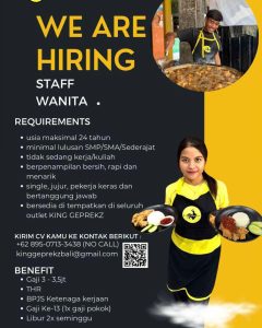 Lowongan Kerja Sebagai Staff Wanita untuk King Geprekz Penempatan di Bali