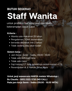 Lowongan Kerja Sebagai Staff Wanita untuk Produksi Hair Extension Penempatan di Kuta, Badung