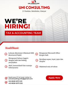 Lowongan Kerja Sebagai Tax & Accounting Team untuk UNI Consulting Penempatan di Batubulan, Gianyar