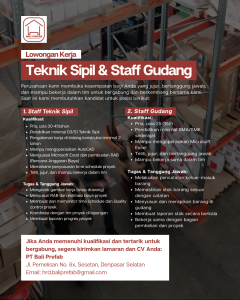 Lowongan Kerja Sebagai Teknik Sipil, Staff Gudang untuk PT. Bali Prefab Penempatan di Denpasar
