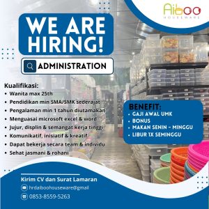 Lowongan Kerja Sebagai Administration, Sopir, Staff Gudang, Pramuniaga, Kasir untuk Aiboo Houseware Penempatan di Kerobokan, Badung