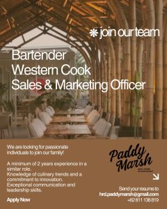 Lowongan Kerja Sebagai Bartender, Western Cook, Sales & Marketing Officer untuk Paddy Marsh Penempatan di Kerobokan, Badung