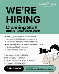 Lowongan Kerja Sebagai Cleaning and Maintenance Staff untuk Santai Lounge Bali Penempatan di Tuban, Badung