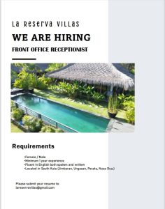 Lowongan Kerja Sebagai Front Office Receptionist untuk La Reserva Villas Penempatan di  Badung