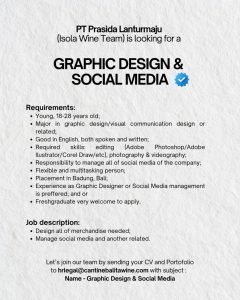 Lowongan Kerja Sebagai Graphic Design & Social Media untuk PT Prasida Lanturmaju (Isola Wine) Penempatan di Badung