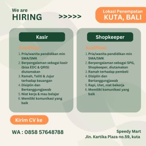Lowongan Kerja Sebagai Kasir Toko, Shopkeeper untuk Speedy Mart Penempatan di Kuta, Badung