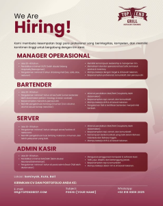 Lowongan Kerja Sebagai Manager Operasional, Bartender, Server, Admin Kasir untuk Top End Grill Penempatan di Badung
