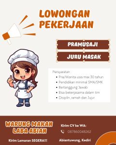 Lowongan Kerja Sebagai Pramusaji dan Juru Masak untuk Warung Makan Laba Abian Penempatan di Tabanan