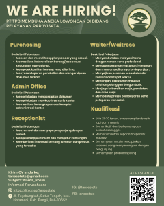 Lowongan Kerja Sebagai Purchasing, Admin Office, Receptionist, Waiter/ss untuk PT Tanaya Pesona Batur Penempatan di Kintamani, Bangli