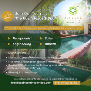 Lowongan Kerja Sebagai Receptionist, Engineering, Sales, Barista untuk The Kasih Villa & SPA Penempatan di Seminyak, Badung
