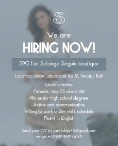 Lowongan Kerja Sebagai SPG untuk Solange Seguin Boutique Penempatan di Pecatu, Badung