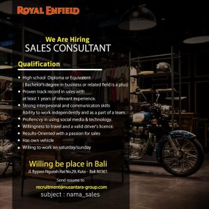 Lowongan Kerja Sebagai Sales Consultant untuk Royal Enfield Penempatan di Kuta, Badung