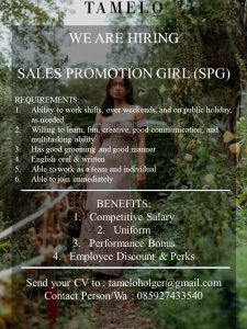 Lowongan Kerja Sebagai Sales Promotion Girl (SPG) untuk TAMELO Holger Penempatan di Kuta, Badung