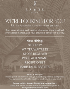 Lowongan Kerja Sebagai Security, Waiter/ss, Store Receiver, Pool Attendant, Receptionist, Barista/Junior Barista untuk Bambu Cafe Penempatan di Badung