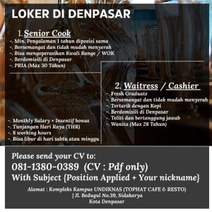 Lowongan Kerja Sebagai Senior Cook, Waitress/Cashier untuk Tophat Cafe & Resto Penempatan di Sidakarya, Denpasar