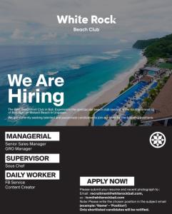 Lowongan Kerja Sebagai Senior Sales Manager, GRO Manager, Sous Chef, FB Service, Content Creator untuk White Rock Beach Club Penempatan di Ungasan, Badung