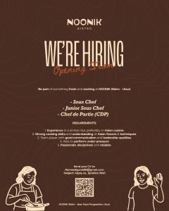 Lowongan Kerja Sebagai Sous Chef, Junior Sous Chef, Chef de Partie (CDP) untuk Noonik Bistro Penempatan di Ubud, Gianyar 