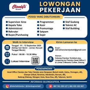 Lowongan Kerja Sebagai Spv Area, Kepala Toko, Administrasi, Rekruter, Buyer/Purchasing, Dll untuk Clandy’s Penempatan di Bali