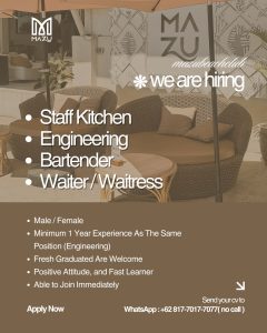 Lowongan Kerja Sebagai Staff Kitchen, Engineering, Bartender, Waiter/Waitress untuk Mazu Beach Club Penempatan di Pecatu, Badung