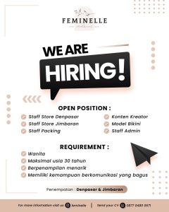 Lowongan Kerja Sebagai Staff Store, Staff Packing, Konten Kreator, Model Bikini, Staff Admin untuk Feminelle Penempatan di Bali