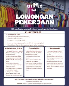 Lowongan Kerja Sebagai Admin Order Online, Press Sablon, Shopkeeper untuk Cititex Bali Penempatan di Bali
