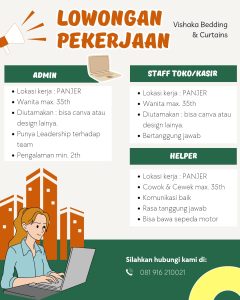 Lowongan Kerja Sebagai Admin, Staff Toko / Kasir, Helper untuk Vishaka Bedding & Curtains Penempatan di Denpasar