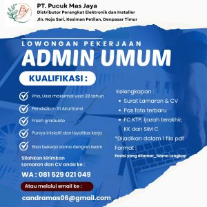 Lowongan Kerja Sebagai Admin Umum untuk PT. Pucuk Mas Jaya Penempatan di Denpasar