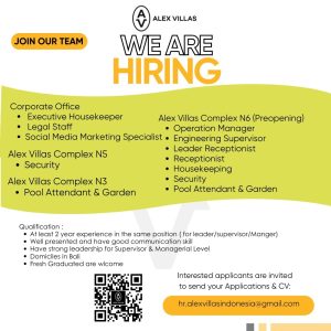 Lowongan Kerja Sebagai Executive Housekeeper, Legal Staff, Social Media Marketing Specialist, Dll untuk Alex Villas Penempatan di Badung