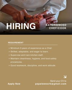 Lowongan Kerja Sebagai Experienced Chef / Cook, Dumpling Maker untuk  Penempatan di Bali