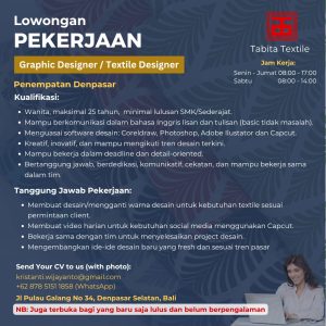 Lowongan Kerja Sebagai Graphic Designer / Textile Designer untuk Tabita Textile Penempatan di Denpasar