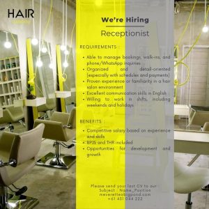 Lowongan Kerja Sebagai Hairdresser, Receptionist, Junior Hairdresser, Salon Assistant untuk Hair Canggu Penempatan di Badung