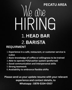 Lowongan Kerja Sebagai Head Bar, Barista untuk Penempatan di Pecatu, Badung