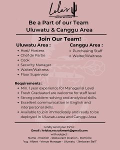 Lowongan Kerja Sebagai Host/Hostess, Chef de Partie, Cook, Security Manager, Waiter/ss, Dll untuk Lola's Cantina Mexican Penempatan di Badung