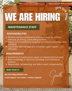Lowongan Kerja Sebagai Maintenance, Staff Kitchen, Service & Bar untuk Giselle Bali Penempatan di Badung