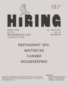 Lowongan Kerja Sebagai Restaurant Supervisor untuk Bread Yard Penempatan di Seminyak, Badung