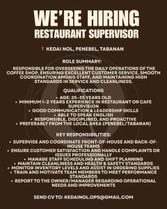 Lowongan Kerja Sebagai Restaurant Supervisor  untuk Kedai Nol Penempatan di Tabanan