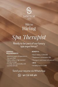 Lowongan Kerja Sebagai SPA Therapist untuk Sanctum Spa Penempatan di Canggu, Badung