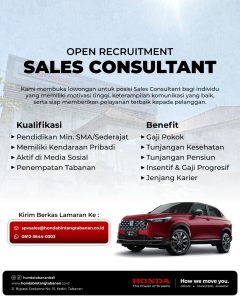 Lowongan Kerja Sebagai Sales Consultant untuk Honda Bintang Tabanan Penempatan di Tabanan