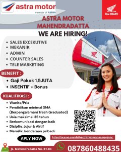Lowongan Kerja Sebagai Sales Executive, Mekanik, Admin, Counter Sales, Telemarketing untuk Astra Motor Penempatan di Denpasar