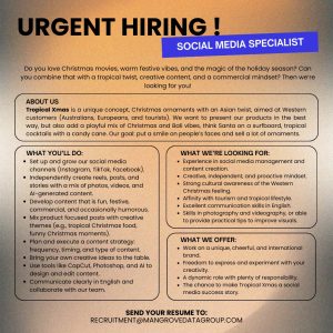 Lowongan Kerja Sebagai Social Media Specialist, Market Salesperson untuk Tropical Xmas Penempatan di Bali