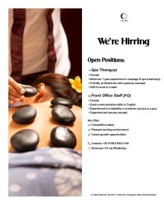 Lowongan Kerja Sebagai Spa Therapist dan Front Office untuk Am to PM Spa Penempatan di Denpasar