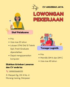 Lowongan Kerja Sebagai Staf Pelaksana dan Tenaga Logistik untuk CV Anugrah Jaya Penempatan di Denpasar